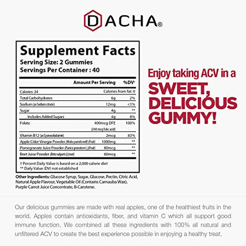 DACHA - Gomas de Vinagre de Maçã Premium – 80 Unidades, 1000mg Cru, Orgânico, Não Filtrado ACV da Mãe, Não Pegajoso, Imunidade, Desintoxicação, Fitness