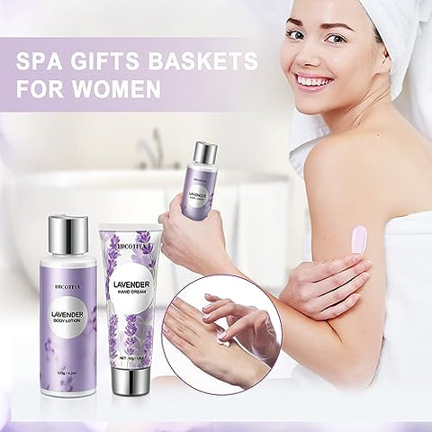 LUCOTIYA - Presentes para Mulheres – Cestas de Presente de Aniversário para Mulheres, Banho de Espuma de Lavanda, Copo de Vinho Térmico Roxo – Mãe, Irmã, Professora