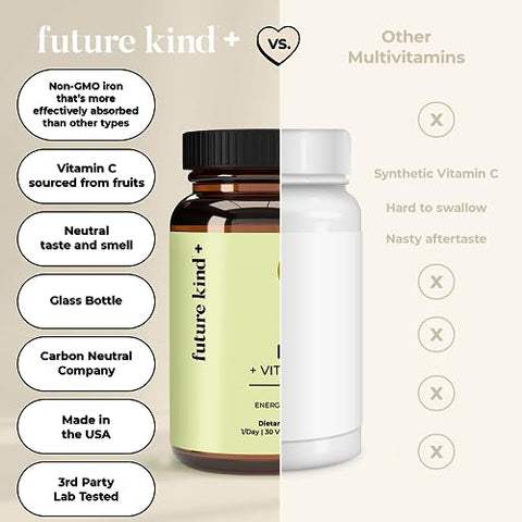 Vegan Iron Supplement with Vitamin C (30 Cápsulas de Ferro) em Frasco de Vidro – Suplemento de Ferro Vegano com Vitamina C para Energia e Concentração - Future Kind