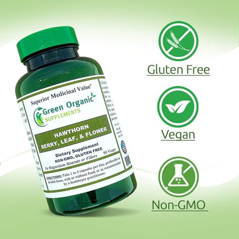 Green Organic Supplements - Cápsulas de Espinheiro Branco, Folha, Flor, Suplemento de Espinheiro Branco Contém 90 Cápsulas, Ervas Naturais de Espinheiro Branco para Saúde Cardiovascular