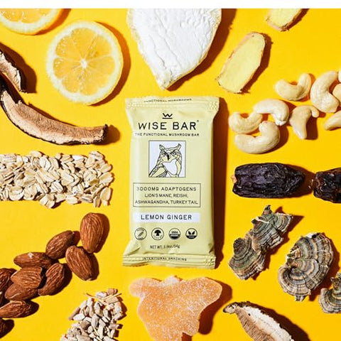 WISE BAR - Wise Bar – Barras Nutricionais de Cogumelos Adaptogênicos, Sabor Limão e Gengibre, 12 Unidades, Dose Diária de 3.000mg de Cogumelos Funcionais e Adaptógenos por Barra, Orgânico, Vegano e Livre de Glúten