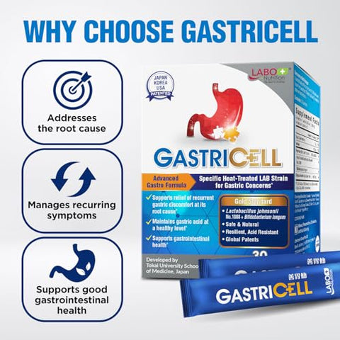 GASTRICELL – Combate H. Pylori, Refluxo Ácido, Azia – Defesa Natural Contra Desconforto Gástrico, 30 Sachês - LABO Nutrition