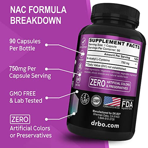 DR. BO - Suplemento NAC Cápsulas de N-Acetil Cisteína – 750mg Cápsula de Vitamina Pura de N-Acetil Cisteína – Fórmula Diária de Suporte ao Fígado para Limpeza Pulmonar, Desintoxicação Renal, Cérebro