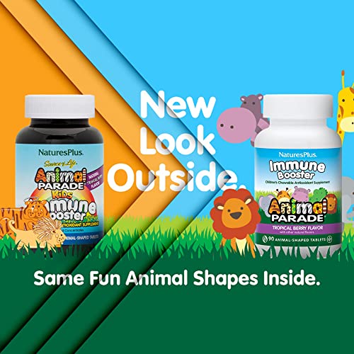 Animal Parade Immune Booster – Sabor Tropical de Frutas Vermelhas – 90 Comprimidos Mastigáveis em Formato de Animais – Suporte ao Sistema Imunológico – Sem Glúten, Vegano – 45 Porções - Natures Plus