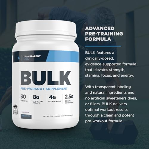Bulk Pó Pré-Treino – Fórmula Avançada Adoçada Naturalmente para Construção Muscular e Força – 30 Porções, Sabor Tropical Punch - Transparent Labs