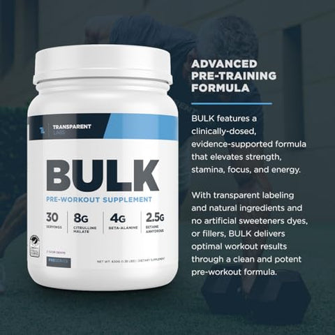 Bulk Pó Pré-Treino – Fórmula Avançada Adoçada Naturalmente para Construção Muscular e Força – 30 Porções, Sabor Tropical Punch - Transparent Labs