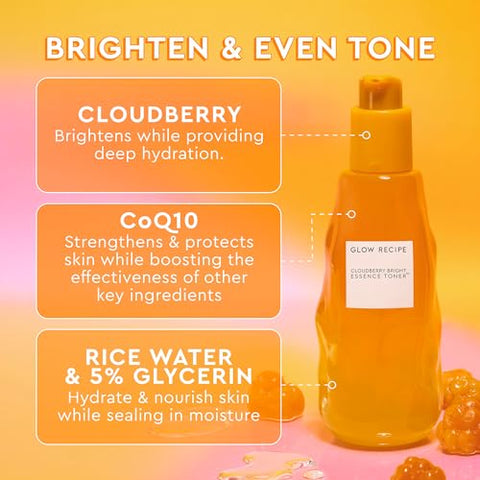 Tônico Facial Cloudberry Brightening – Essência de Toner CoQ10 para Fortalecer a Barreira da Pele – Hidratante de Água de Arroz, Vitamina C, E - Glow Recipe
