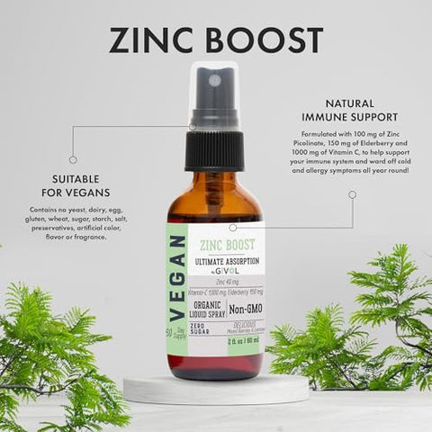 GIVOL - Mistura de ZINCO Orgânico 100 mg (Extra Forte) – Sem Açúcar com VIT C e Extrato de Sabugueiro – Spray Líquido Vegano para Crianças e Adultos – Absorção Fácil – Não-OGM – (60 ml) 60 g