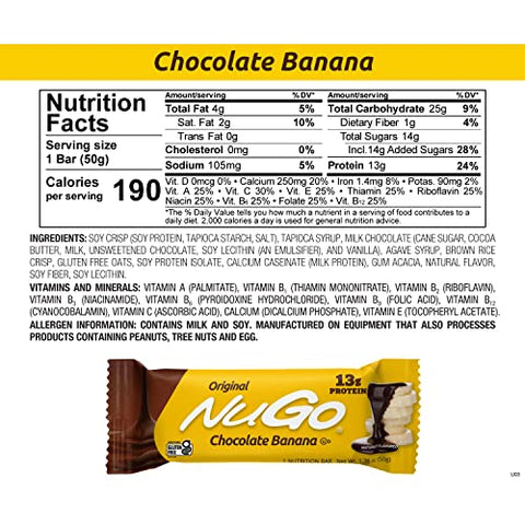 Barra de Proteína, Chocolate Banana, 13g Proteína, Sem Glúten, 15 Unidades - NuGo
