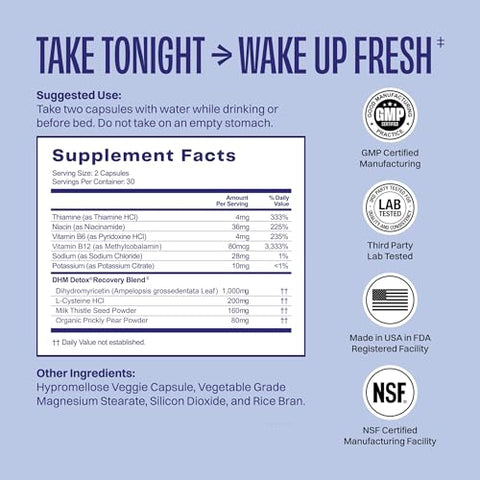 No Days Wasted - DHM Detox® – Suplemento DHM, Cardo Mariano, Pera Espinhosa, Vitaminas B, Hidratação e Eletrólitos – Tome à Noite para Melhorar