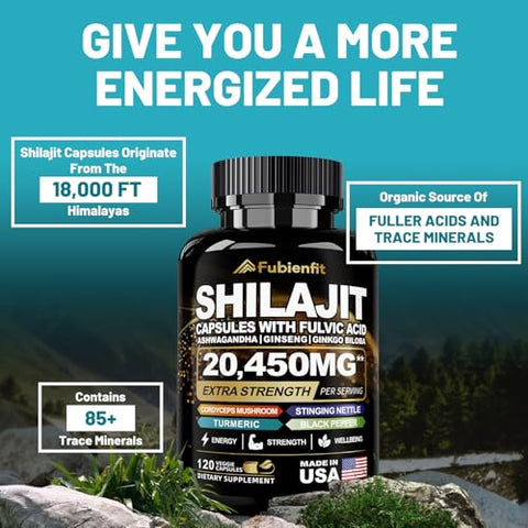 Brilhante - Fubienfit Shilajit – Cápsulas de Shilajit para Homens e Mulheres (50% Ácido Fúlvico) – Shilajit Puro do Himalaia Orgânico Feito nos EUA – 85 Minerais Traços – 120 Cápsulas