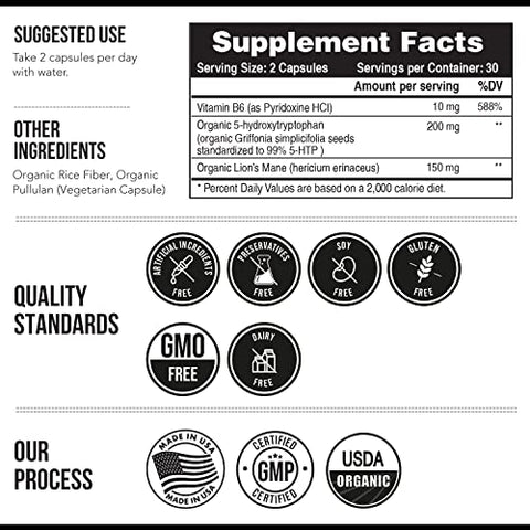 Triquetra Health - 5-HTP Orgânico – 200 mg | Concentração de 99%% de 5HTP, Mais Vitamina B6 Cofator : Organic