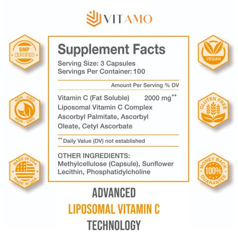 Vitamo - Vitamina C Lipossomal 2000mg | Sistema de Entrega Superior | 300 Cápsulas Suporte Imunológico