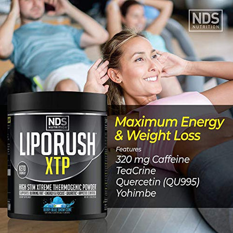 LIPORUSH - NDS Nutrition XTP Queimador de Gordura Termogênico com L-Carnitina – Energia, Foco e Controle de Apetite – Pó Termogênico Extremo para Perda de Peso – Sabor Blue Berry Snow Cone (45g)