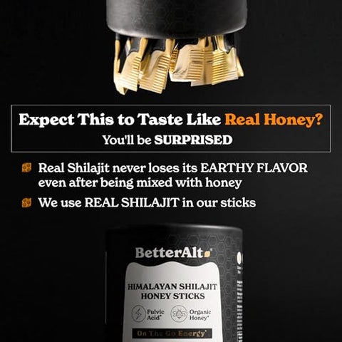 Better Alt - Melhor Alt Puro Himalaia Shilajit Sticks com Mel Orgânico e Açafrão | Fácil Consumo Shilajit | 30 Sticks para Energia Extra