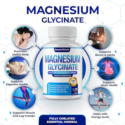 DECENT NATURE - Magnésio Glicinato 525mg – Suplemento de Magnésio Elemental Quelado para Alta Absorção – Marca: Magnésio Glicinato 525mg