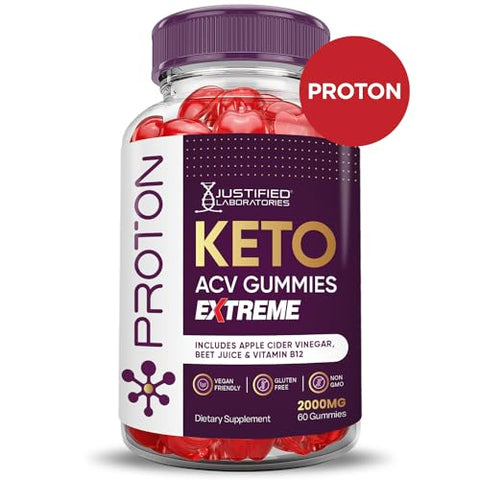 Justified Laboratories - (2 Pacotes) Gomas de Proteína Proton Keto ACV Extreme 2000MG – Gomas de Proton Keto de Vinagre de Maçã Formuladas com Suco de Romã e Beterraba em Pó B12 Vegan Non GMO 120 Gomas
