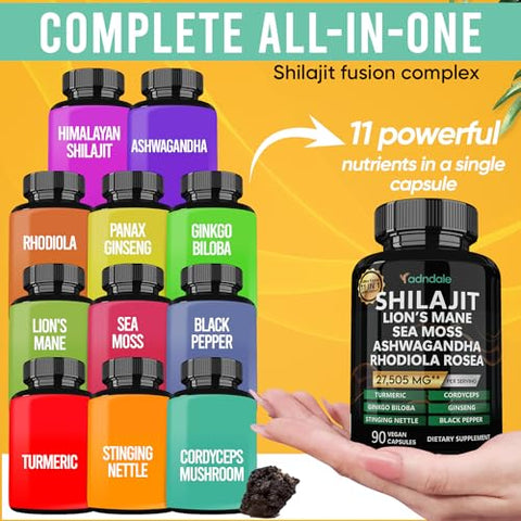 Adndale - Shilajit Puro do Himalaia Orgânico. 11 em 1 para Homens. Cápsulas de Shilajit com Sea Moss, Ashwagandha, Rhodiola Rosea, Panax Ginseng, Cúrcuma e Lion’s Mane