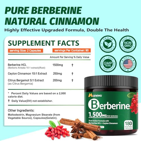 Manewu - Suplemento de Berberina de Alta Potência 1500mg – Complexo Natural de Berberina com Canela do Ceilão e Bergamota Cítrica