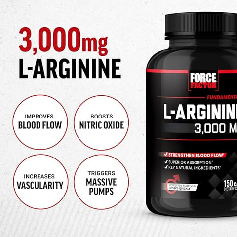 Force Factor - FORCE FACTOR – Suplemento de L-Arginina com Óxido Nítrico e BioPerine para Construção Muscular e Melhor Fluxo Sanguíneo, Circulação, Entrega de Nutrientes e Bombas Musculares – L-Arginina
