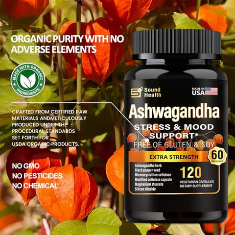 SoundHealth - Ashwagandha Orgânica em Cápsulas – 7000mg de Pó de Erva por Porção – Alívio do Estresse, Suporte Imunológico, Equilíbrio Hormonal – Absorção Aprimorada de Nutrientes – 120 Cápsulas