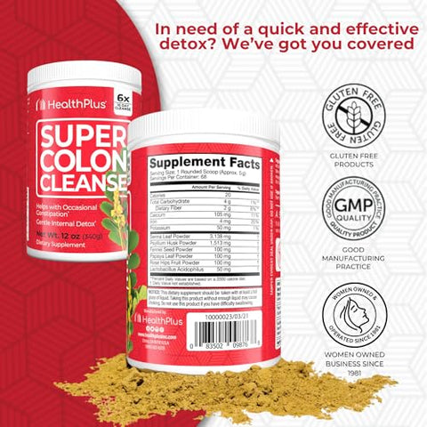 Super Colon Cleanse: Pó de 12 oz (340g), 68 Porções – Desintoxicação Natural, Alívio da Constipação Digestiva, Limpeza Suave do Intestino com Casca de Psyllium - Health Plus