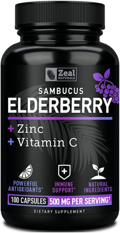 Cápsulas de Sabugueiro Max Strength com Zinco e Vitamina C | 500mg para Suporte ao Sistema Imunológico com Sabugueiro Negro Sambucus | 100 Unidades | Suporte Imunológico 3 em 1 para Adultos - Zeal Naturals