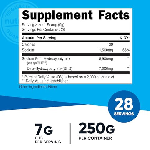 BHB em Pó de Sódio (250g) Sem Sabor – Suplemento Keto, Sal de Beta-Hidroxibutirato - Nutricost