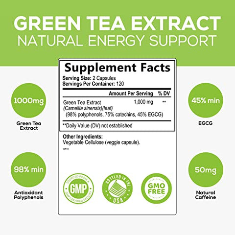 Nature's Nutrition - Extrato de Chá Verde em Cápsulas 1000mg 98%% Padronizado em EGCG – 3X Mais Potente para Energia Natural – Suporte Cardíaco com Polifenóis – Cafeína Suave – 240 Cápsulas