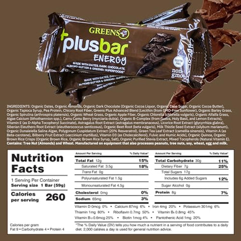 Greens+ - Barras Energéticas Greens Plusbar, Chocolate, Snacks Saudáveis Sem Glúten com Super Verdes Orgânicos, Superfoods | 100g