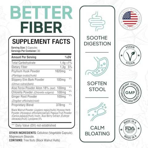 Organics Ocean - Fibra Melhor – Suplemento Diário de Fibra – Amolece Fezes para Movimentos Intestinais Sem Esforço – com Psyllium Hulk e Slippery Elm – 90 Cápsulas