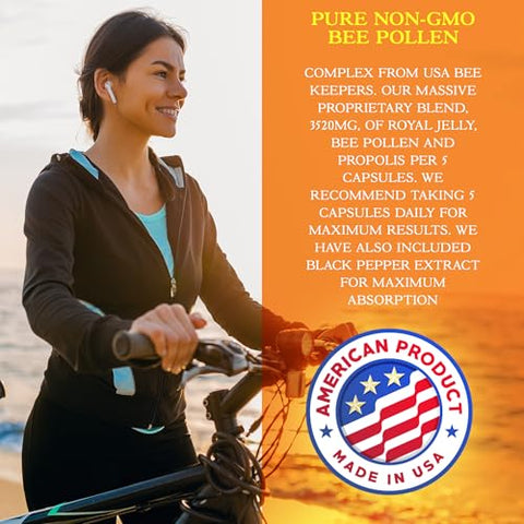 Parker Naturals - Supreme Bee Pollen Capsules – 3520 mg Royal Jelly, Bee Pollen e Bee Propolis – Suplemento Natural de Pólen de Abelha para Adultos – 150 Cápsulas