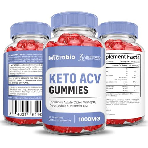Justified Laboratories - (2 Pacotes) Gomas Microbio Keto ACV Fórmula Avançada 1000MG Micro Bio Keto Gomas Vinagre de Maçã Formulado com Romã e Beterraba em Pó B12 Vegano Não GMO 120 Gomas