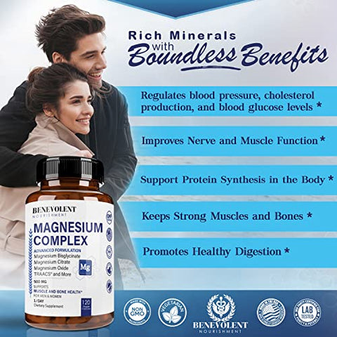 Benevolent Nourishment - Suplemento Complexo de Magnésio, 4 Meses de Fornecimento de 500mg 5-em-1 Magnésio Glicinato, Óxido, Taurato, Quelato, Citrato, Suplemento de Magnésio de Máxima Absorção para Calma e Sono