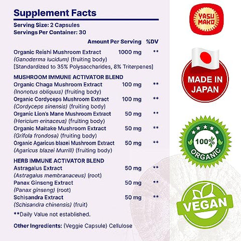 Yasumako - Complexo de Cogumelos Japoneses Reishi 1500mg – Reishi, Chaga, Cordyceps, Lion’s Mane, Maitake, Extrato de Cogumelos Agaricus