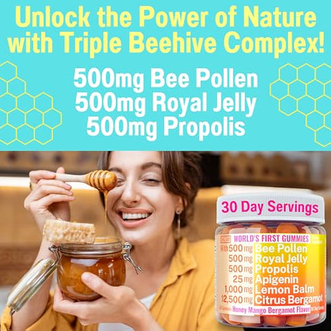 SHIZAM - Gomas de Citrus Bergamota com Apigenina de Pólen de Abelha, Própolis Orgânico, Geleia Real, Mel e Extrato de Melissa, para Homens e Crianças – Cápsulas de Ervas, Gotas e Pó (60g)