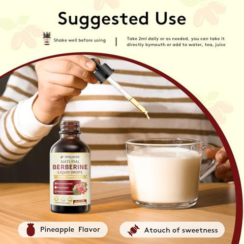 SYSCOCOS - Berberine Líquido 8 em 1 – 118 ml Suplemento Orgânico Berberine HCL Complexo com Cúrcuma, Melão Amargo, Cardo de Leite, Canela do Ceilão para Imunidade, 98%