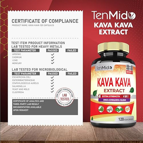 Tenmido - Kava Kava Extrato Cápsulas 6550mg, 4 Meses de Fornecimento com Ginkgo, Ashwagandha, Valeriana – Suporte para Relaxamento – 120 Cápsulas Veganas