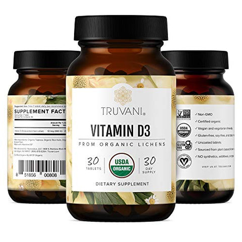 Vitamina D3 Orgânica – Baseada em Plantas, Certificada USDA Orgânica, Livre de Glúten, Não-OGM, Suplemento Vegano D3 – Suporta os Ossos, Imunidade - Truvani
