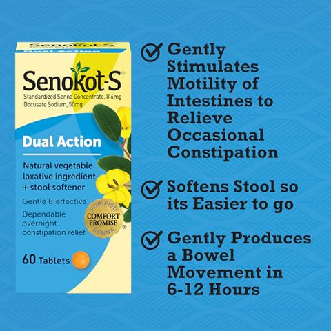 S Dual Action 60 Comprimidos – Laxante Natural de Vegetais com Amaciante de Fezes, Alívio Suave e Confiável da Constipação Ocasional durante a Noite - Senokot