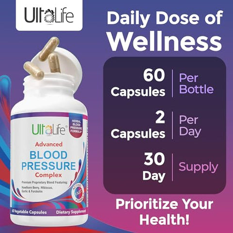 ULTALIFE - Suplemento Avançado para Pressão Arterial – Complexo de Suplementos para Pressão Arterial – Espinheiro, Hibisco, Alho, Forscolina – 14 Vitaminas