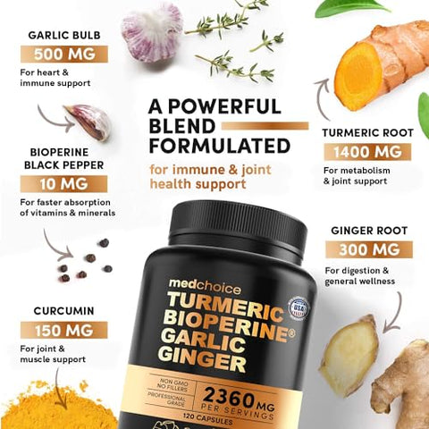 MEDCHOICE - Suplemento de Cúrcuma e Alho 4 em 1 com Bioperina 2360 mg (480 un) Cápsulas de Raiz de Gengibre com Alho – Cúrcuma Curcumina com Pimenta Preta para Articulações e Digestão