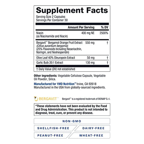 CholestMD com Extrato de Folha de Oliveira, Bergavit, Niacina, Alho | 120 Cápsulas (2-Pack) - 1MD Nutrition