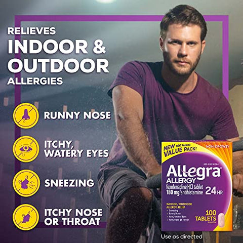 24HR – Comprimidos Antialérgicos para Adultos, 100 Unidades, Alívio de Alergias por 24 Horas, 180 mg - Allegra