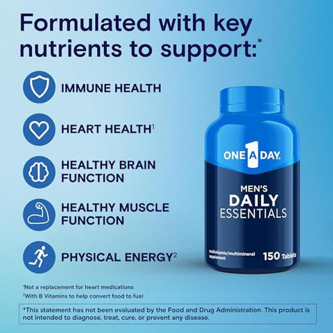 ONE A DAY - Multivitamínico Diário One A Day para Homens, Essenciais Diários, Comprimido Multivitamínico para Homens, Suporta Função Muscular Saudável, Energia Física e Saúde Imunológica com Vitamina B12, Vitamina C e