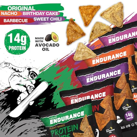 natural ENDURANCE - Chips de Proteína Natural Endurance – Snack Low Carb, Alto Teor de Proteína, Vegano com Óleo de Abacate, 14g de Proteína por Pacote, Sem Glúten, Nacho, BBQ, Chili, Bolo de Aniversário