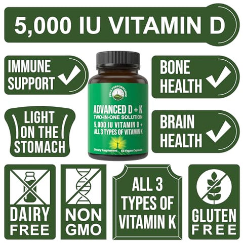 Advanced Vitamin D 5000 IU com os 3 Tipos de Vitamina K – D3, K2, K1, MK-7, MK4. 60 Cápsulas Vegetais Pequenas e Fáceis de Engolir - Peak Performance