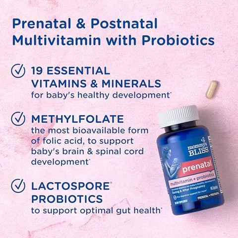 Mommy's Bliss - Mommy’s Bliss – Multivitamínico Probiótico Pré-Natal para Mulheres c/ Ácido Fólico, Apoia o Desenvolvimento do Bebê