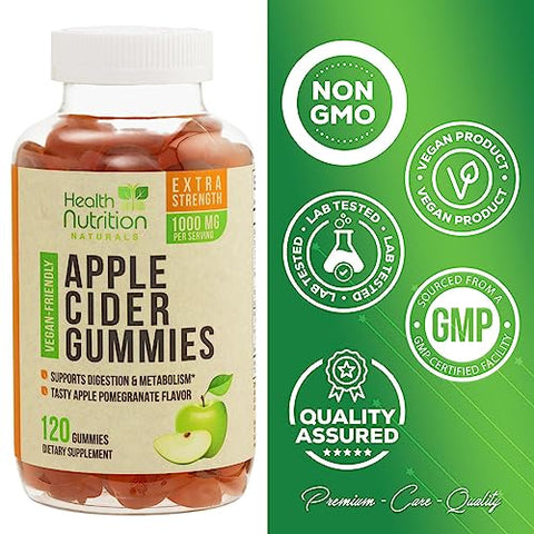 Health Nutrition Naturals - Gomas de Vinagre de Maçã Vegano | Máxima Potência 1000mg | Auxilia Digestão, Metabolismo | Sabor Natural de Maçã com Mãe | Sem Glúten