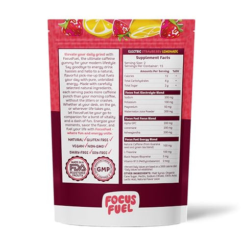 FocusFuel - Gomas Energéticas Focus – 100mg de Cafeína por 2 Gomas, com B12, Magnésio, Eletrólitos, Ingredientes Naturais (Sabor Limonada de Morango – 30 Gomas, 90g)